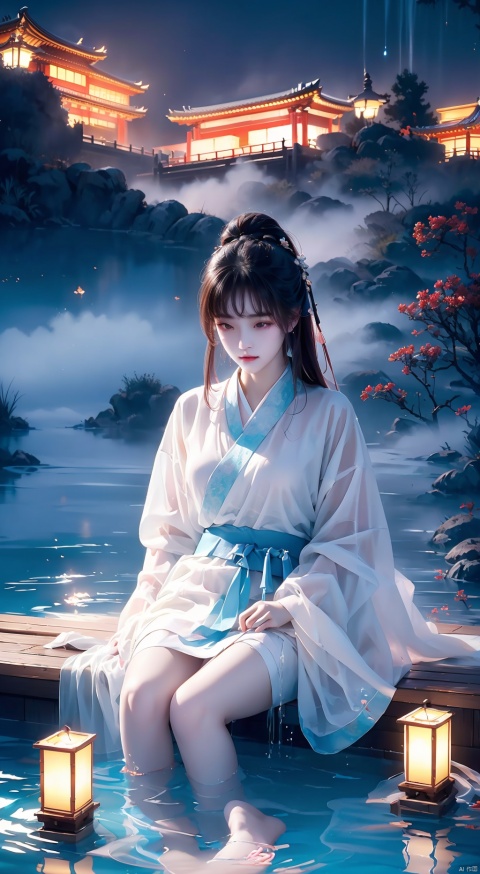  High quality, masterpiece, cinematic texture, Chinese elements, 1 girl bathing in the pool, (wrapped in a gauze: 1.2), (with a large amount of water vapor on the surface), (hot spring), lantern, night,Song style Hanfu,smog,8K Ultra HD, clear and bright image quality, highly refined, extremely fine, chang, （\personality\）