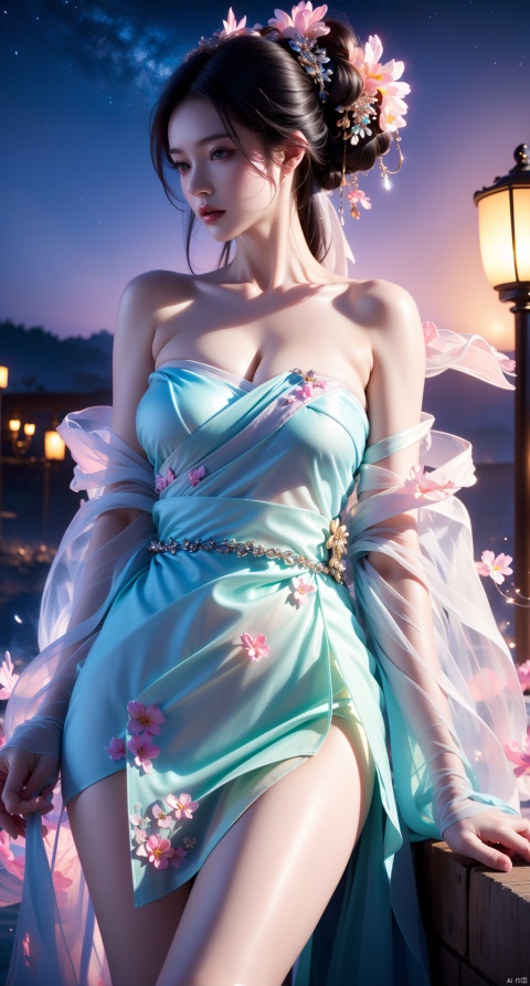  Surrealism Dream Style,glowing neon color,RAW photo,at night,1girl,solo,sea,black hair,ponytail,looking at viewer,long hair,up,lips,sash,water splaashing,hair ornament,realistic,wide sleeves,hanfu,long dress,Semi transparent gauze skirt,surrealist,Best quality,masterpiece,ultra high res,Petal skirt,wind,flowers,bloom,Clouds,smoke,neon lights, 80sDBA style