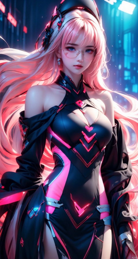  Dimensional Armory,wearing black and red, Anime girl in bare-shoulder dress,with long white hair,wearing black glasses frame,glowing pink special effects,gradient blue and pink Lights,light blue background,rich details,sexy,ultra high resolution,32K UHD,best quality,masterpiece,