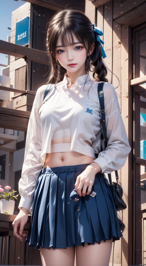  (best quality),(masterpiece),1girl, kamisato ayaka, skirt, solo, long hair, mole under eye, school uniform, blue eyes, pleated skirt, bag, smile, looking at viewer, sailor collar, white sailor collar, long sleeves, mole, holding, cup, ponytail, neckerchief, blue neckerchief, serafuku, school bag, ribbon, midriff, shirt, hair ribbon, white shirt, white hair, closed mouth, blue skirt, drinking straw, cowboy shot, crop top, holding cup, shoulder bag, cherry blossoms, alternate costume, disposable cup, outdoors, sky, keychain, petals, official alternate costume, very long hair, bag charm, choker, blunt bangs, blue sky, thighs