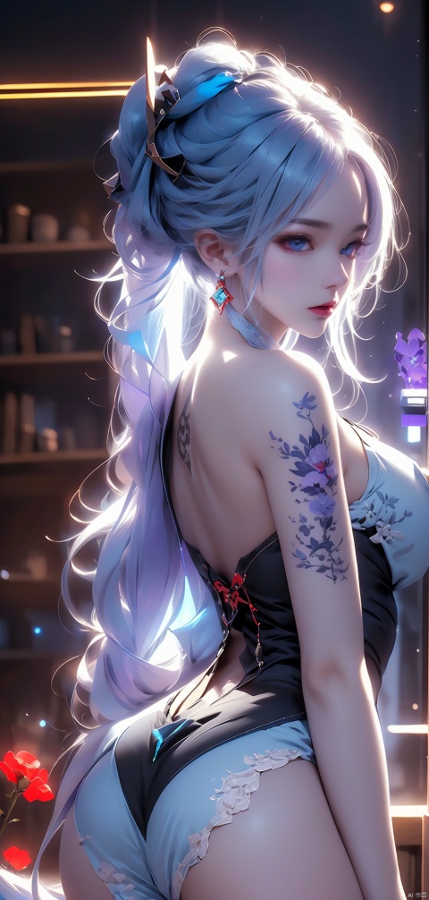  Long lavender hair,bell,pale blue color eyes,Red floral tattoo,Crystal earrings,Quidom,(surrealism:1.1),(Cinematic lighting:1.05),(reflective light:1.1),(Letterbox format:1.15),(profile:1.05),(From behind:1.1),Ultra-high resolution,Masterpiece:1.2,Highly detailed,Fuzzy dragon-shaped smoke