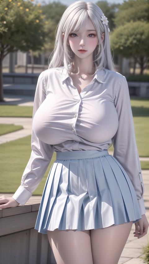  Slightly fat, slim figure, solo, Park, white shirt, ((a pair of giant breasts)), ((white Jk pleated skirt)), thick thighs, long white hair, 1girl, Barbara.