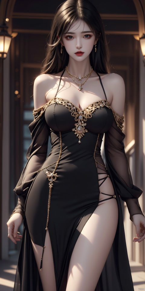 1girl, bare shoulders, black hair, collarbone, fitted dress, jewelry, long hair, necklace, photorealistic, solo, standing