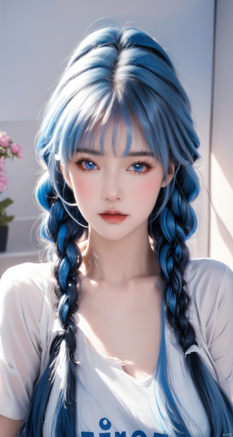  High quality, multi detail, 1 girl, all blue hair, blue hair, pink hair, braids, double braids, blue braids, blue braids, long hair, pompadu hair, bangs, big bangs, silly hair, big silly hair, fluffy hair, T-shirt, upper body, exquisite face, clear eyes, sapphire eyes, newspaper wall, clear newspaper content, 8k, HD,1girl