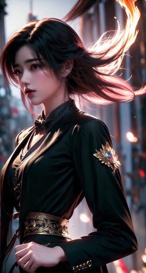  A Korean woman, wearing a suit jacket, V-neck black shirt, black short hair, game style, full body photo, heroic short hair, 3D, 25 years old, thinking about horrific details, magic flame floating in the right hand, magic style, Asian girl, realistic