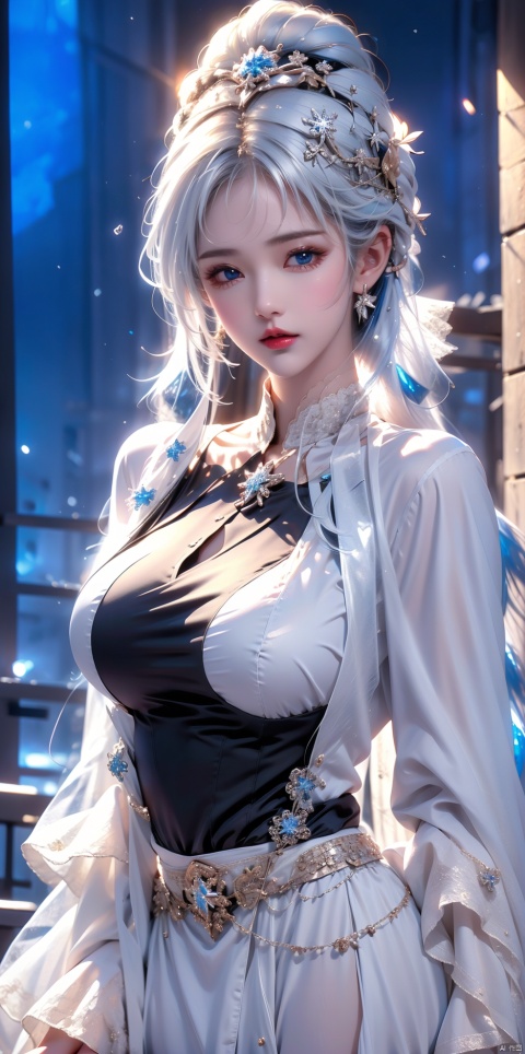  ((best quality)), ((masterpiece)), ((ultra-detailed)), extremely detailed CG, (illustration), ((detailed light)), (an extremely delicate and beautiful), a girl, solo, ((upper body,)), ((cute face)), expressionless, (beautiful detailed eyes), full breasts, (medium breasts:1.2), blue dragon eyes, (Vertical pupil:1.2), white hair, shiny hair, colored inner hair, [Armor_dress], blue_hair ornament, ice adorns hair,depth of field, [ice crystal], (snowflake),