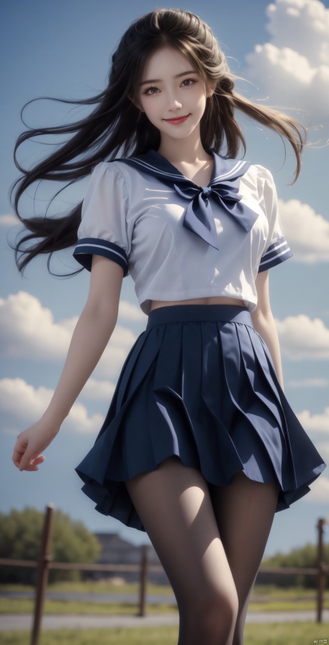 best quality, masterpiece, realistic,cowboy_shot,(Good structure), DSLR Quality,Depth of field,kind smile,looking_at_viewer,Dynamic pose, 
,  Wind, flowing hair, , Dynamic pose, , perfect body, Blue sky and white clouds, campus,
 sailor senshi uniform,blue bow,blue necktie,blue sailor collar,blueskirt, ,,blackpantyhose,jinpinger