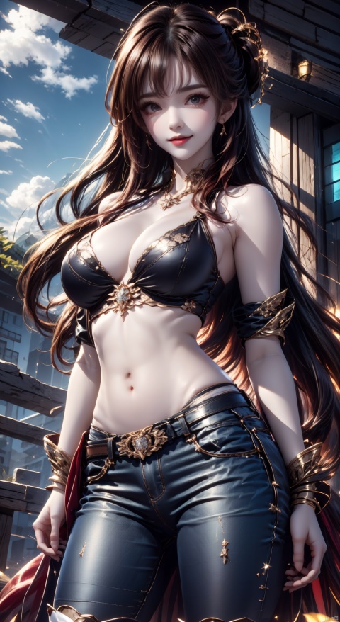  1girl, solo, breasts, looking at viewer, smile, brown hair, black hair, navel, bare shoulders, brown eyes, jewelry, closed mouth, standing, collarbone, cowboy shot, midriff, pants, lips, shadow, tank top, denim, jeans, realistic, arms at sides, 1girl,short skirt, （\personality\）