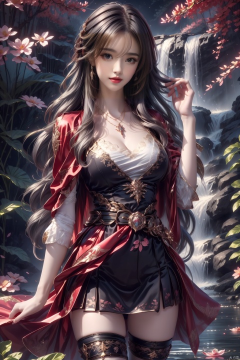 1girl, shiny skin, tattoo, slender, blue eyes, mole under eye, gray hair, medium hair, hair over one eye, look at viewer, standing, waving, T-shirt, cape, light smile, feather hair ornament, necklace, lace trim, high heels, thigh strap, HDR,UHD,8K, best quality, masterpiece, Highly detailed, Studio lighting, ultra-fine painting, sharp focus, physically-based rendering, extreme detail description, Professional, close-up view, ((ink)),(water color),bloom effect,detailed beautiful grassland with petal,flower,butterfly,necklace,smile,petal,(((surrounded by heavy floating petal flow)))