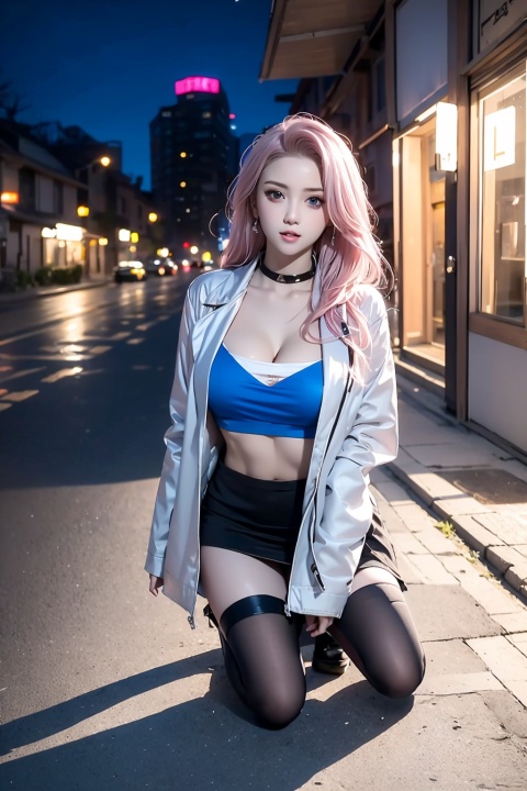 1girl, breasts, solo, skirt, thighhighs, large breasts, jacket, navel, looking at viewer, pink hair, blue jacket, kneeling, long hair, cleavage, open jacket, crop top, open clothes, white thighhighs, outdoors, miniskirt, night, underboob, blue skirt, cropped jacket, black footwear, thighs, midriff, blurry background, blurry, lips, blue eyes, full body, tube top, parted lips, shoes, long sleeves, single thighhigh, taut clothes, zettai ryouiki, stomach, pencil skirt, yunyouyou, tutututu