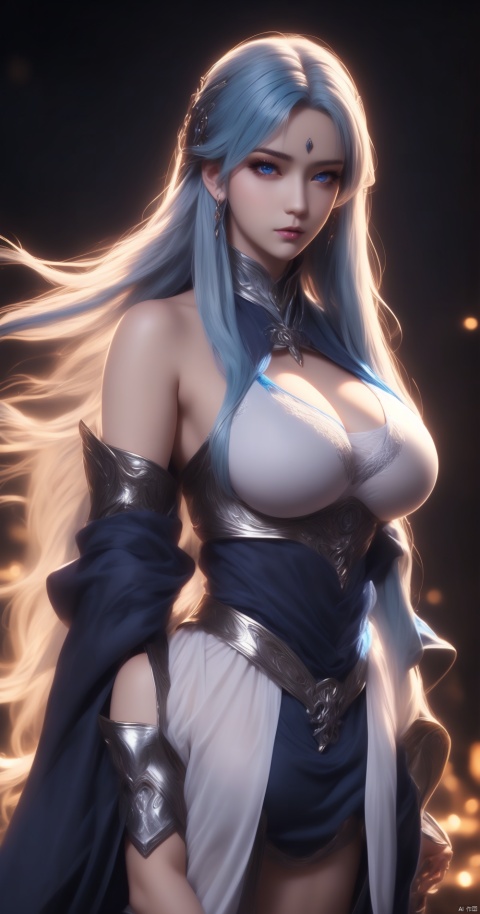  Long hair,blue eyes,blue hair,D cup size,realistic,flowing hair, exquisite facial features, extremely beautiful face, clear details,full armor,priest,full body,glowing eyes