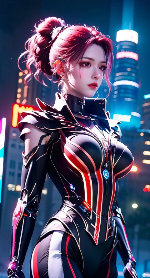  1girl, solo, no face visible, Handsome Girl, Cybernetic suit, ponytail, Long multicolored hair, nightcity, Bright colours, night city, full-length, Evil face,large breasts