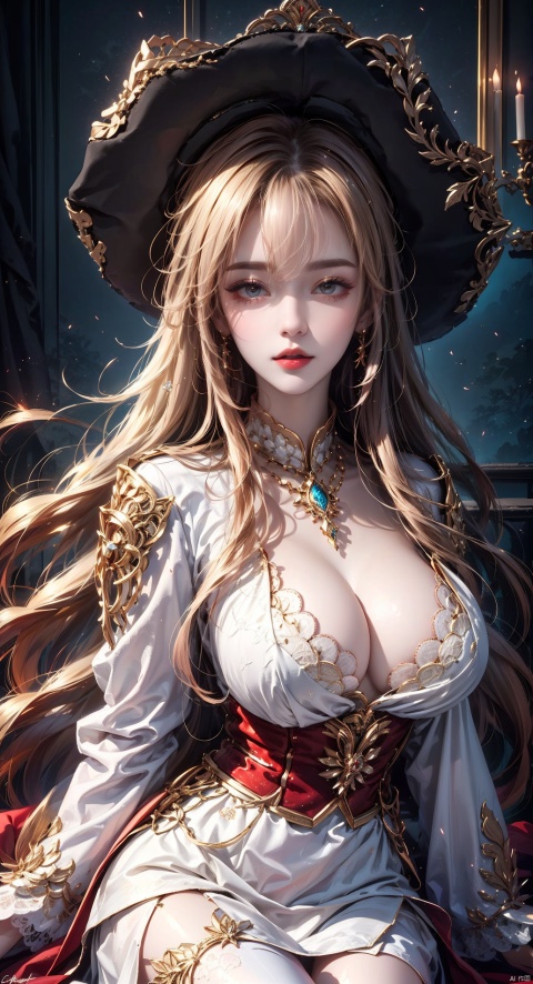 1girl, solo, long hair, bangs, blonde hair, hat, sitting, parted lips, indoors, signature, looking to the side, fur trim, *******, reference inset,big boobs,
