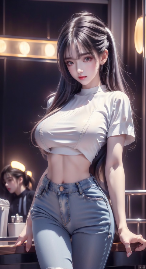  masterpiece,best quality,Very detailed CG uniform 8k wallpaper,face light,movie lights,1 girl,16 years old,long white hair,((dynamic pose))),((sexy pose))),(cameltoe),(pantyhose),(Knit cropped top:1.4),(High-waisted flared jeans:1.3),(Platform sandals:1.2),(Retro diner background:1.4), loli