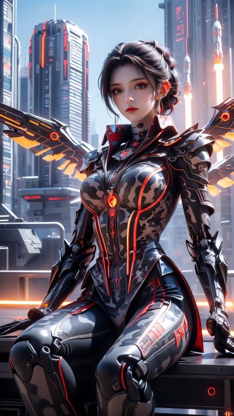  extremely detailed CG unity 16K wallpaper, (raw photography, cyberpunk:1.3), science fiction, (photorealistic, highest quality, masterpiece:1.2), (correct anatomy:1.5), POV, (from front:1.4), (from blow:1.1), dynamic angle, 1 girl, ((female soldier with mechanize body:1.4)), solo, ((full body shot:1.2)), black hair, short hair, fairly detailed skin, tan, realistic and bright eyes, highly detailed nose and lips, expressionless, ((camouflaged-body armor, equipped with rocket engine and wings for flying:1.5)), (((flying, holding 1 large blaster rifle:1.3))), slender, beautiful breast, (((outdoor, daytime, futuristic city, battlefield, shootout:1.5))), cinematic lighting, professional photo, depth of field, sharp focus, highest resolution, ultra high res