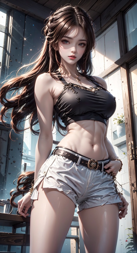  1girl, solo, long hair, breasts, looking at viewer, brown hair, black hair, navel, brown eyes, standing, cowboy shot, parted lips, shorts, midriff, indoors, lips, crop top, short shorts, arms behind back, tank top, contrapposto, white shorts, realistic, red lips, white tank top, gym