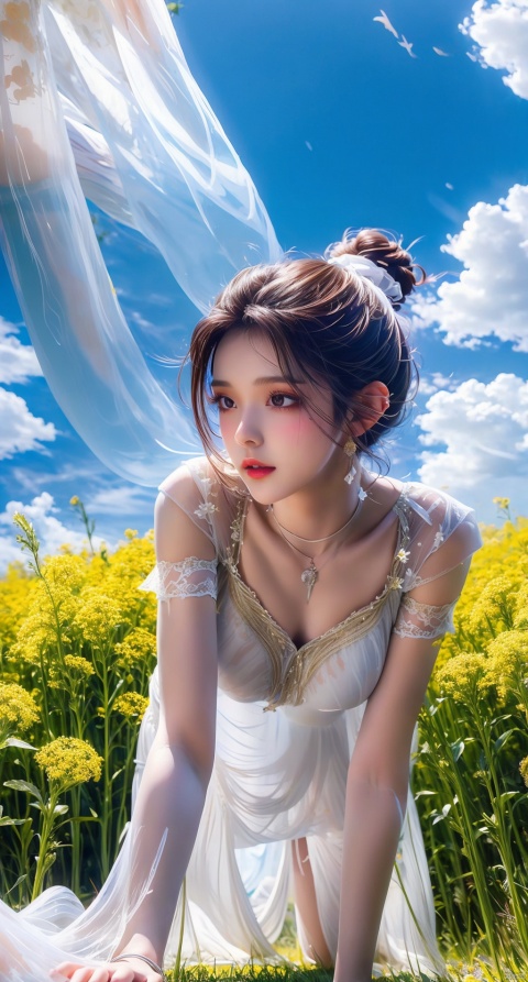  1 girl, (translucent white gauze dress: 1.5),(all fours:1.5), long hair, stylish,a field of blooming rapeseed flowers against a backdrop of blue sky and white clouds, masterpiece