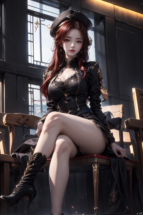  Stewardess, updo, black pantyhose, high heels, sit down, terminal,garrison cap, 1 girl, liuyifei, Knee high boots,1girl, qingyi