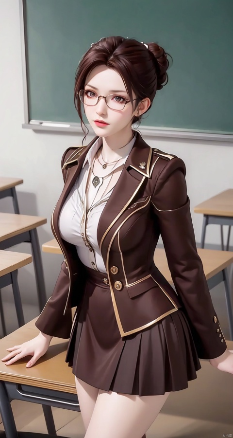  1girl, breasts, brown_eyes, brown_hair, chalkboard, classroom, cowboy_shot, desk, formal, glasses, hair_ornament, indoors, jacket, jewelry, looking_at_viewer, miniskirt, necklace, on_desk, pencil_skirt, school_desk, sitting_on_desk, skirt, solo, standing, suit