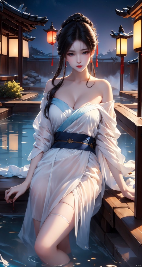 High quality, masterpiece, cinematic texture, Chinese elements, 1 girl bathing in the pool, (wrapped in a gauze: 1.2), (with a large amount of water vapor on the surface), (hot spring), lantern, night,Song style Hanfu,smog,8K Ultra HD, clear and bright image quality, highly refined, extremely fine, chang, （\personality\）