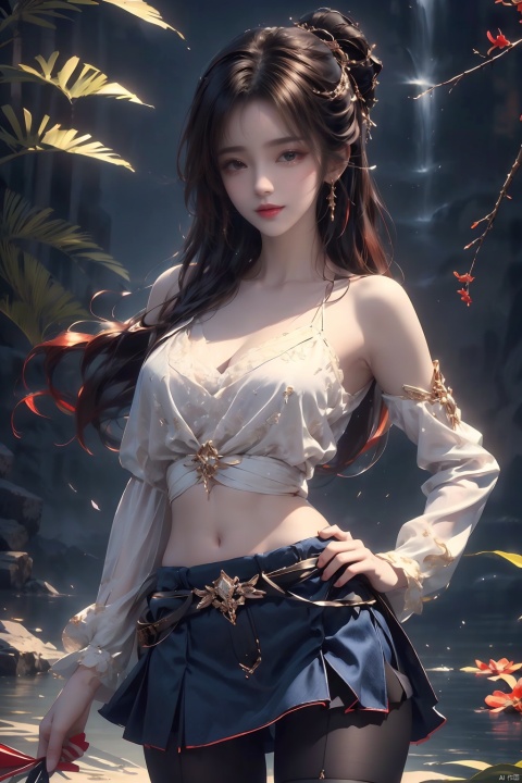 A stunning masterpiece! A young woman stands confidently, looking directly at the viewer with a warm, kind smile. Her long hair flows gently in the breeze as she poses dynamically, one hand on her hip, the other holding a branch from a nearby tree. The denim miniskirt showcases her toned midriff, while black pantyhose adds a touch of elegance. The 3D rendering creates a sense of depth, with the focus on the subject's bare shoulders and collarbone. A blurred background and foreground enhance the DSLR-quality image, capturing every detail in sharp relief.