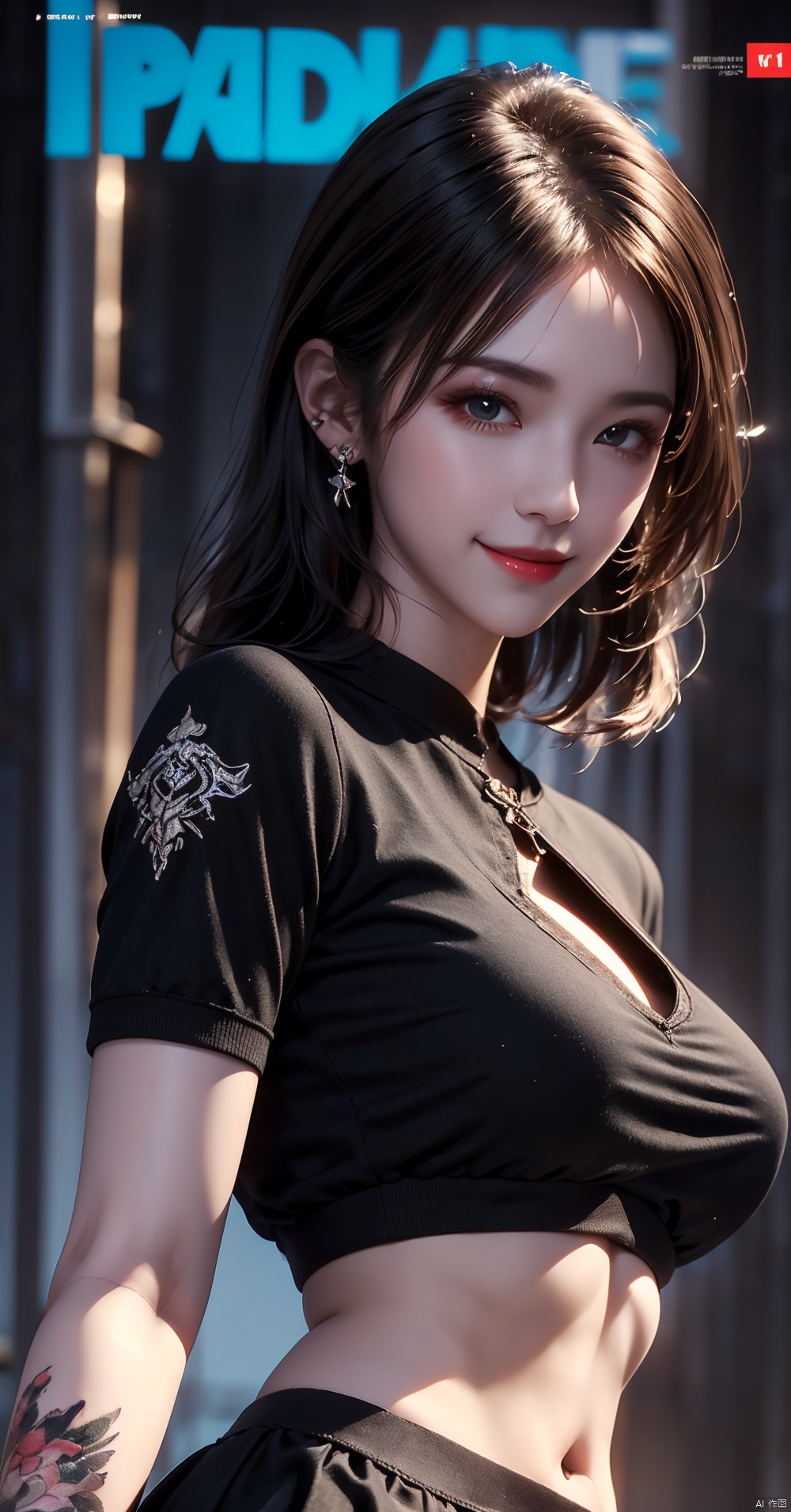  (Good structure), DSLR Quality,Depth of field ,looking_at_viewer,Dynamic pose, , kind smile,
magazine, (cover-style:1.1), fashionable, 1girl,Black armor,Visual impact,A shot with tension,(upper body:1.0),cold attitude, Ear stud,tattoo,
, xiaowu