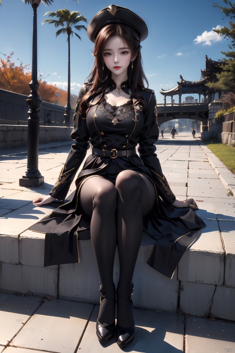  Stewardess, updo, black pantyhose, Knee high boots, sit down, terminal,garrison cap, 1 girl, liuyifei