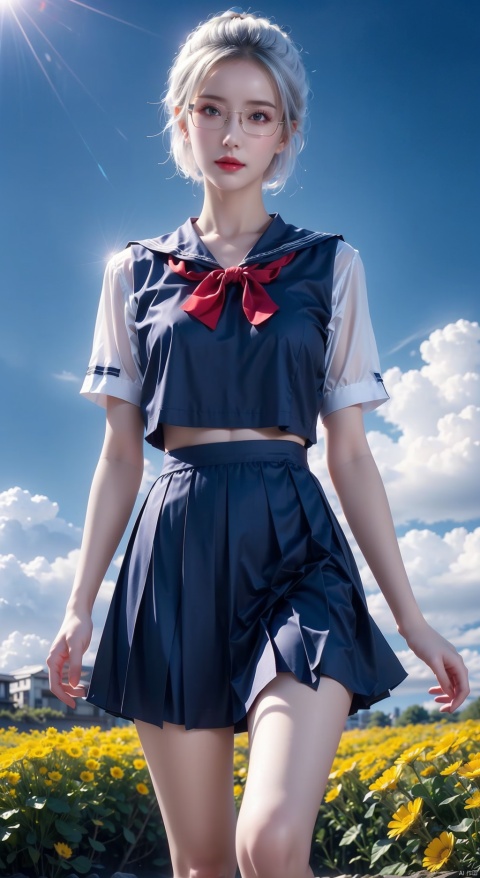  Enhancement,masterpiece,16K,JK,1 girl,glasses,short white hair,school uniform,skirt,outdoor,blue sky,white clouds,rape flower