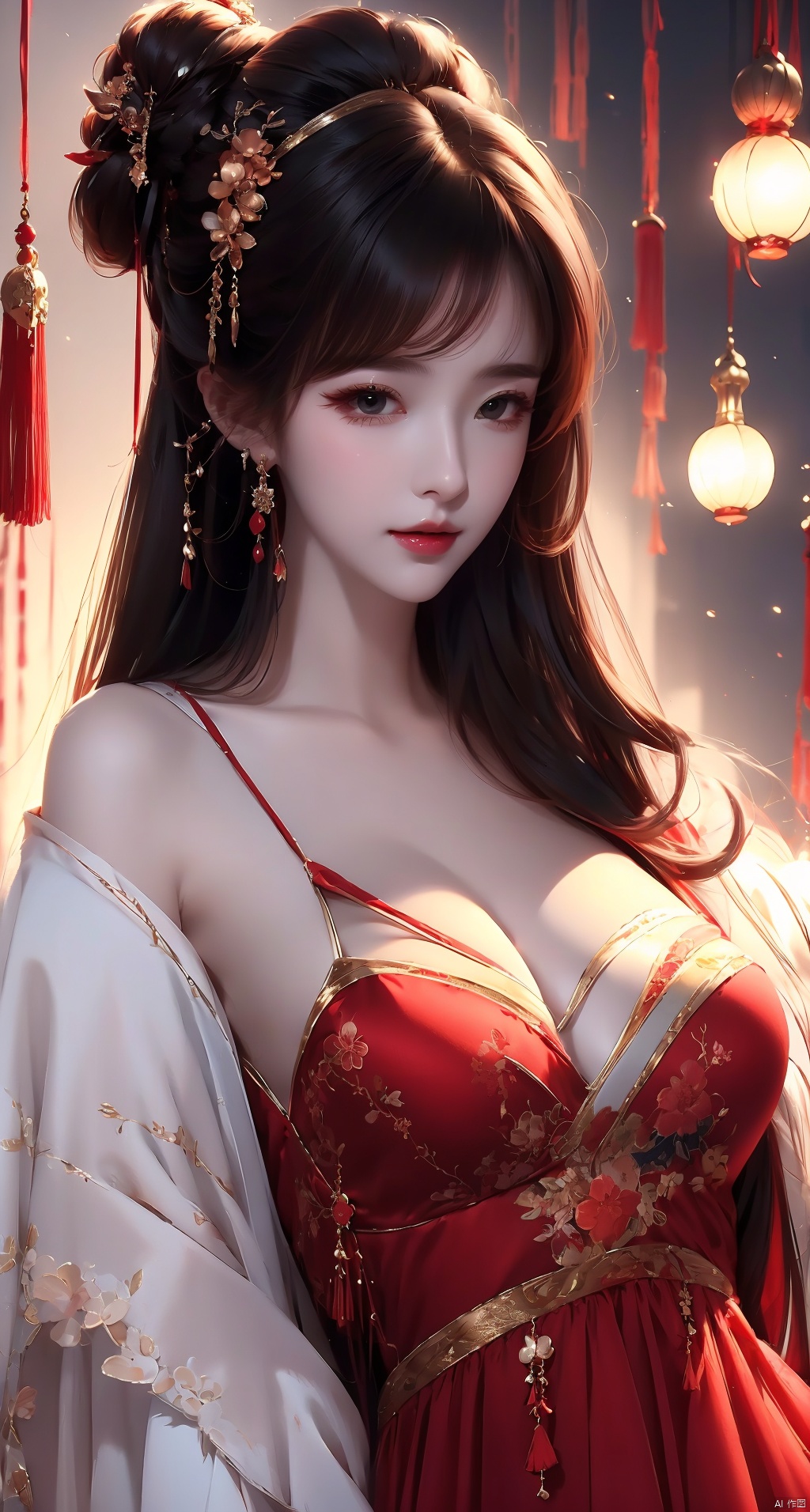 red chianese dress,illustration,,Cleavage,gufeng, paopaoma,looking at viewer,hair ornament, 80sDBA style