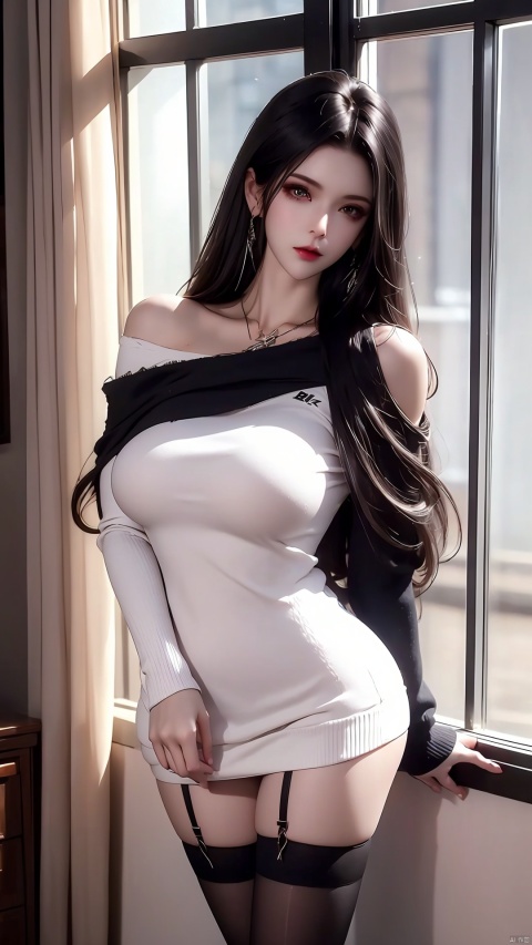  8k, RAW photo, best quality, masterpiece, realistic, 1girl, long hair, black hair, pale skin, large breasts, off-shoulder dress, black thighhighs, leaning forward, looking at viewer, cowboy shot, bsx, white sweater