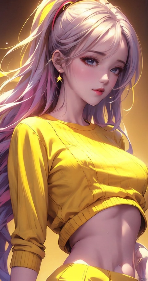  illustrator, anime, realistic, 1girl, lip, Sweater, order, Yellow gradient background, Neon hair, Textured crop, Canadian, (masterpiece, best quality),
