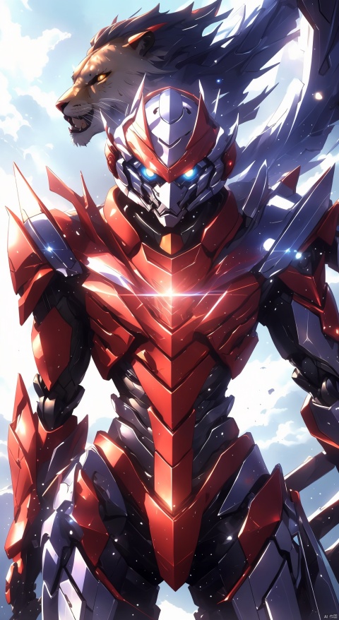  masterpiece,best quality,extremely high detailed,intricate,8k,HDR,wallpaper,cinematic lighting,(universe:1.4),dark armor,glowing eyes,anthropomorphic lion mecha,holding a sword,red jewel on sword