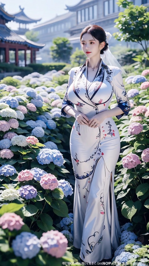  1girl,front,full body,mottledsunlight,hydrangea flowers field,photoparticle,refracted light,light particles,sparkle,backlighting,hydrangea flower,china dress\(haihang\),lingxing, (big breasts:1.86),