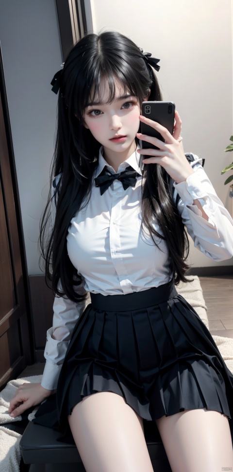  8K,Best quality, 1girl, xtt's body,A photo of oneself taken with a phone in front of a mirror,more details,white mask,full body,long wave hair,school uniform,Wearing blue Pleated skirt, wearing black pantyhose , sitting, ((Mobile selfie perspective)), shapely body,midnight, xtt, aki, spread legs_vagxxx