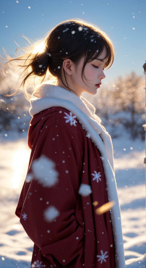  A short-haired girl standing in the snow, Red Coat, head up, breeze blowing hair, snow, snowflakes, depth of field, telephoto lens, messy hair, (close-up) , (sad) , sad and melancholy atmosphere, reference movie love letter, profile, head up, ((floating)) bangs or fringes of hair, eyes focused, half-closed, center frame, bottom to top,