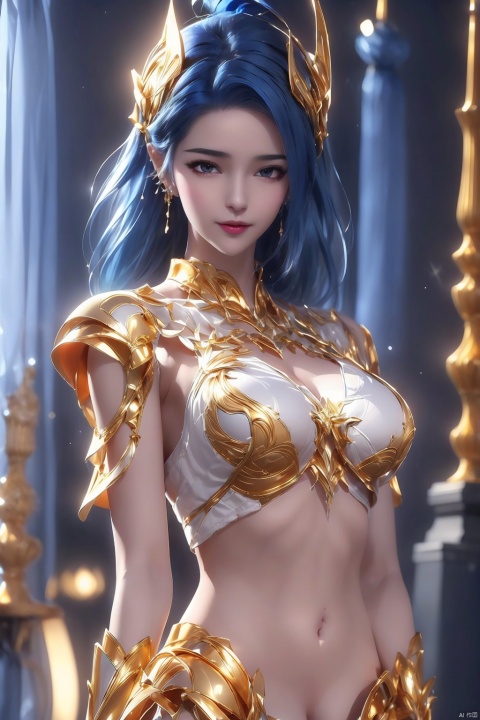 1girl, blue hair, gold armor