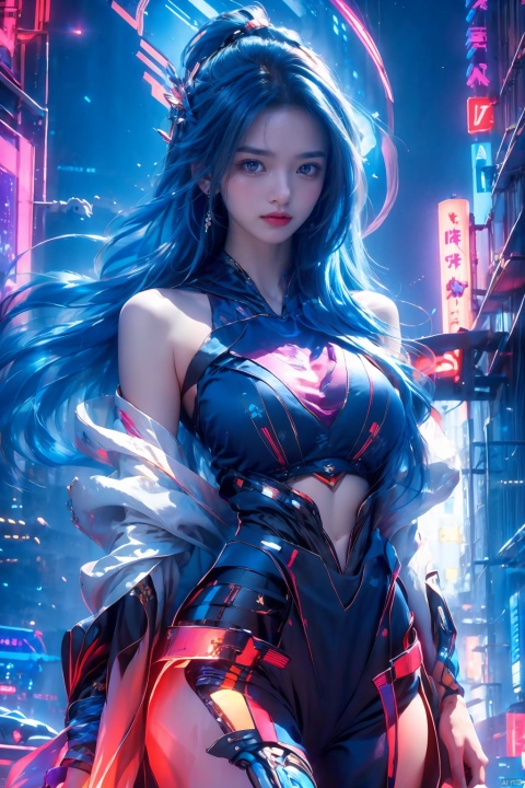  (masterpiece), best quality, ultra high res,, cyberpunk 1girl flying above stunning cityscape ,hoodie,blue hair, neon color shooting stars, very long hair, off shoulder, feather hair ornament, neon colors, flashes, stunning night sky, cinematic lighting, photorealistic, realistic skin, HDR,fisheye, 1 girl