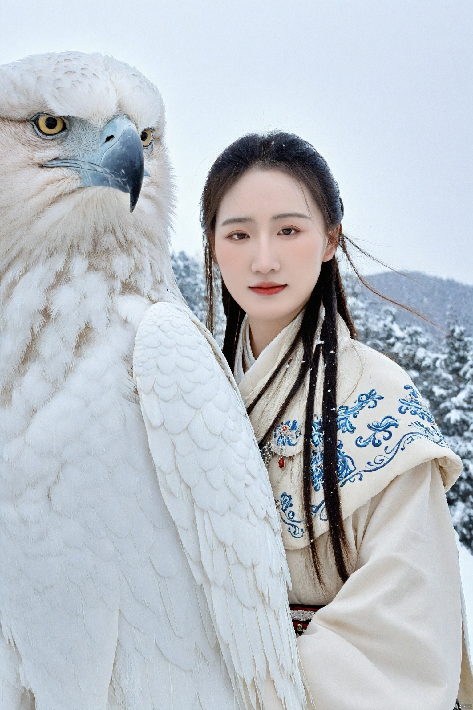 Realistic representation, a huge Slovakia Snow Eagle, which is taller than a human, stands in the snow leaning against a beautiful ancient Chinese woman with peerless martial arts. She has a stunning face, delicate features, cold expression and a bit of sadness, and the texture of the skin on her face Detailed, long hair wearing white gauze ancient costume, the air is filled with the effect of snowflakes, meticulous details, 8K high quality