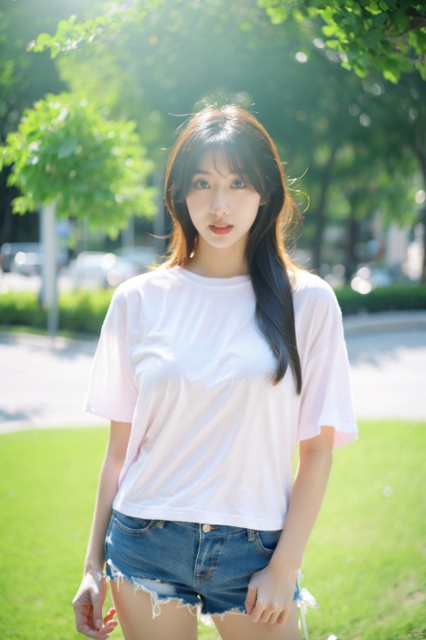1girl, solo, looking at viewer, short hair, shirt, black hair, jewelry, standing, white shirt, cowboy shot, outdoors, parted lips, shorts, medium hair, blurry, black eyes, lips, blurry background, t-shirt, realistic, photo background, oversized shirt, eli