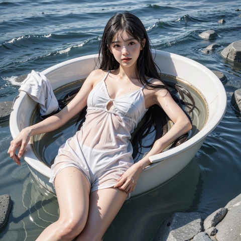 photo quality , close up, bath, slim girl, full body, translucent clothes, clothes wet and close, water, long hair, full body, looking at the viewer, seaside, sunny, sheer clothes, delicate face, lying in the water with open legswater,guidao,moyou