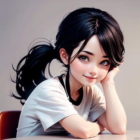 1girl, solo, long hair, looking at viewer, smile, simple background, shirt, black hair, white shirt, upper body, ponytail, short sleeves, grey background, black eyes, lips, head rest, realistic,chbi, blind box effect