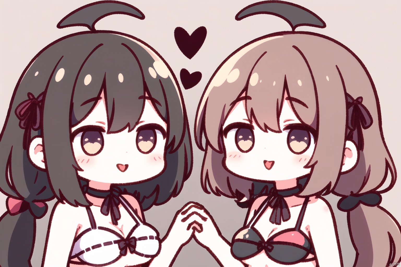 long hair, breasts, looking at viewer, blush, smile, open mouth, bangs, blue eyes, multiple girls, large breasts, simple background, brown hair, black hair, white background, bow, ribbon, navel, 2girls, cleavage, hair between eyes, bare shoulders, twintails, medium breasts, closed mouth, green eyes, purple eyes, collarbone, swimsuit, hair ribbon, hair bow, heart, sidelocks, bikini, sweat, frills, choker, tongue, tongue out, stomach, symbol-shaped pupils, underboob, holding hands, low twintails, halterneck, white bikini, heart-shaped pupils, flying sweatdrops, light brown hair, frilled bikini, :q, @ @, pink bikini, criss-cross halter, pink choker