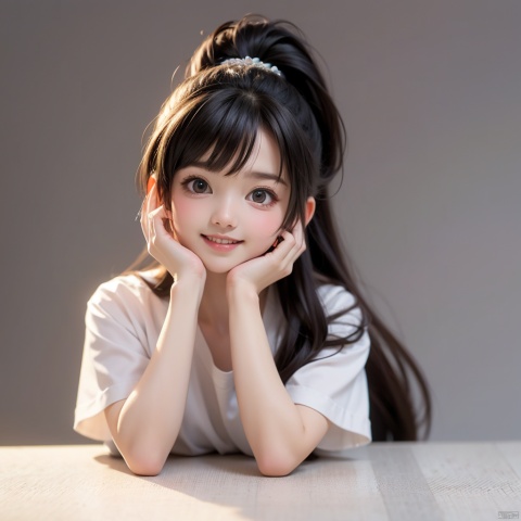 1girl, solo, long hair, looking at viewer, smile, simple background, shirt, black hair, white shirt, upper body, ponytail, short sleeves, grey background, black eyes, lips, head rest, realistic,chbi, blind box effect, Nendoroid , loli