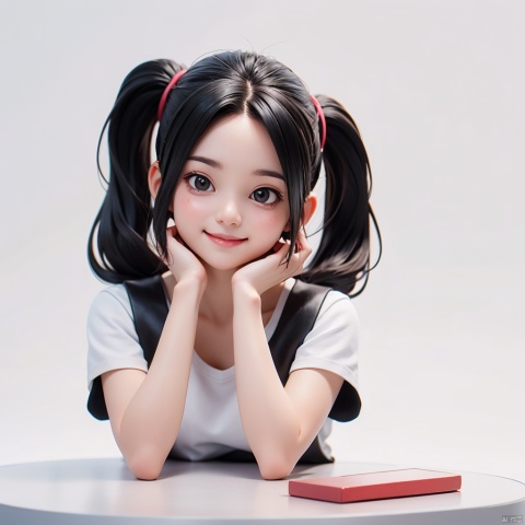 1girl, solo, long hair, looking at viewer, smile, simple background, shirt, black hair, white shirt, upper body, ponytail, short sleeves, grey background, black eyes, lips, head rest, realistic,chbi, blind box effect, Nendoroid 