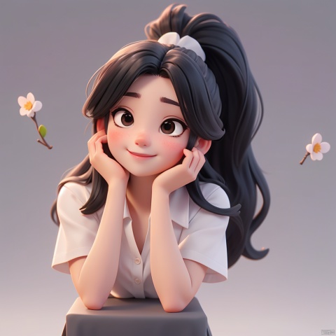 1girl, solo, long hair, looking at viewer, smile, simple background, shirt, black hair, white shirt, upper body, ponytail, short sleeves, grey background, black eyes, lips, head rest, realistic,chbi, blind box effect, Nendoroid , loli,plum blossoms,spring (season),