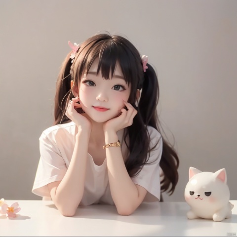 1girl, solo, long hair, looking at viewer, smile, simple background, shirt, black hair, white shirt, upper body, ponytail, short sleeves, grey background, black eyes, lips, head rest, realistic,chbi, blind box effect, Nendoroid , loli,plum blossoms,spring (season),