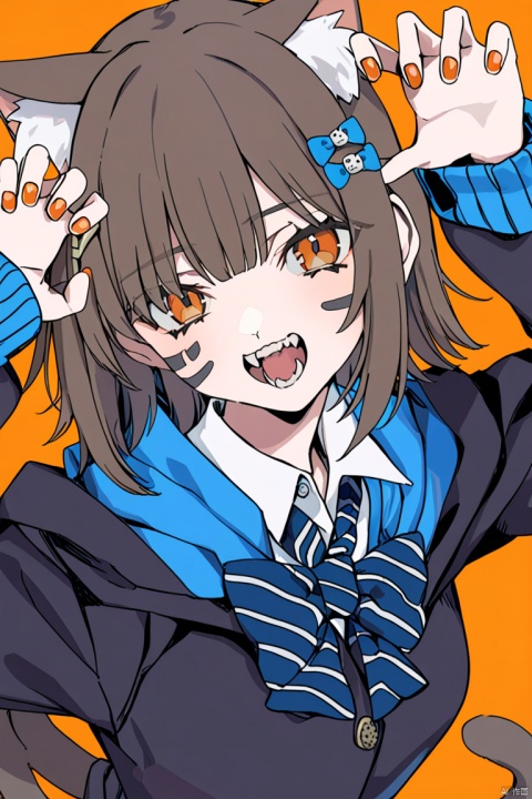  masterpiece, best quality,1girl,solo, animal ears, bow, teeth, jacket, tail, open mouth, brown hair, orange background, bowtie, orange nails, simple background, cat ears, orange eyes, blue bow, animal ear fluff, cat tail, looking at viewer, upper body, shirt, school uniform, hood, striped bow, striped, white shirt, black jacket, blue bowtie, fingernails, long sleeves, cat girl, bangs, fangs, collared shirt, striped bowtie, short hair, tongue, hoodie, sharp teeth, facial mark, claw pose, hooded jacket, blue hoodie, yellow background, hair ornament, paw ornament, tail raised, dress shirt, hairpin, slit pupils, hair over one eye, arm behind back, striped clothes, whisker markings, hand up 