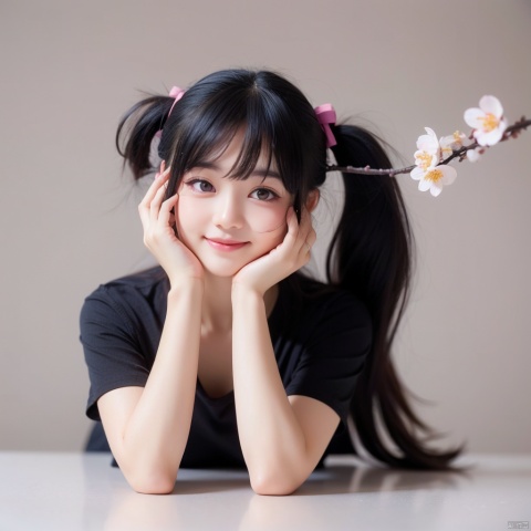 1girl, solo, long hair, looking at viewer, smile, simple background, shirt, black hair, white shirt, upper body, ponytail, short sleeves, grey background, black eyes, lips, head rest, realistic,chbi, blind box effect, Nendoroid , loli,plum blossoms,spring (season),