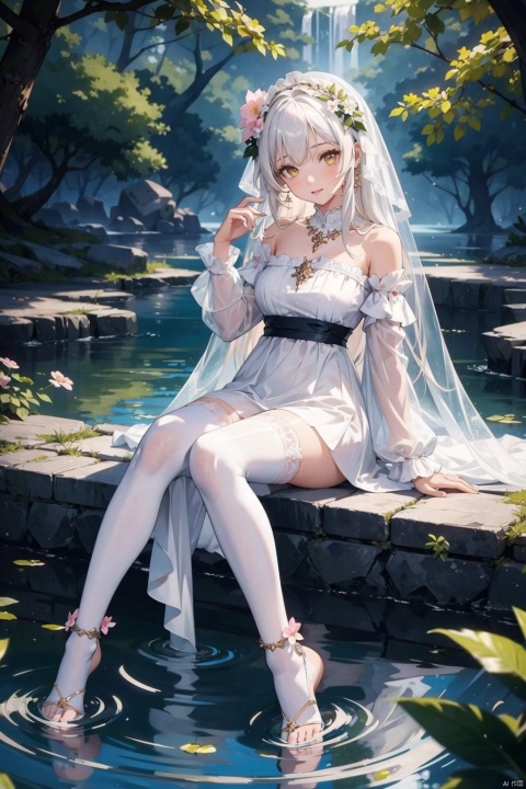  1girl, solo, long hair, flower, thighhighs, yellow eyes, white thighhighs, water, looking at viewer, tree, sitting, bare shoulders, barefoot, branch, very long hair, ass, reflection, veil, bangs, dress, off shoulder, jewelry, smile, breasts, white hair, full body, long sleeves, thighs, wide sleeves, necklace, fur trim, knee up, night, feet, white dress, pink flower, anklet, parted lips, hand up, hair ornament, ripples