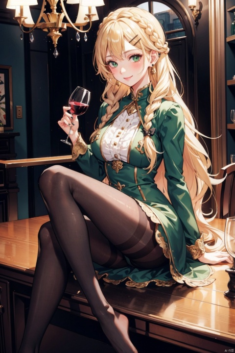 , 1girl, pantyhose, blonde hair, green eyes, long hair, cup, wine glass, jewelry, drinking glass, solo, earrings, hair ornament, braid, looking at viewer, smile, sitting, dress, feet, official alternate costume, no shoes, blush, hairclip, black pantyhose, holding, holding cup